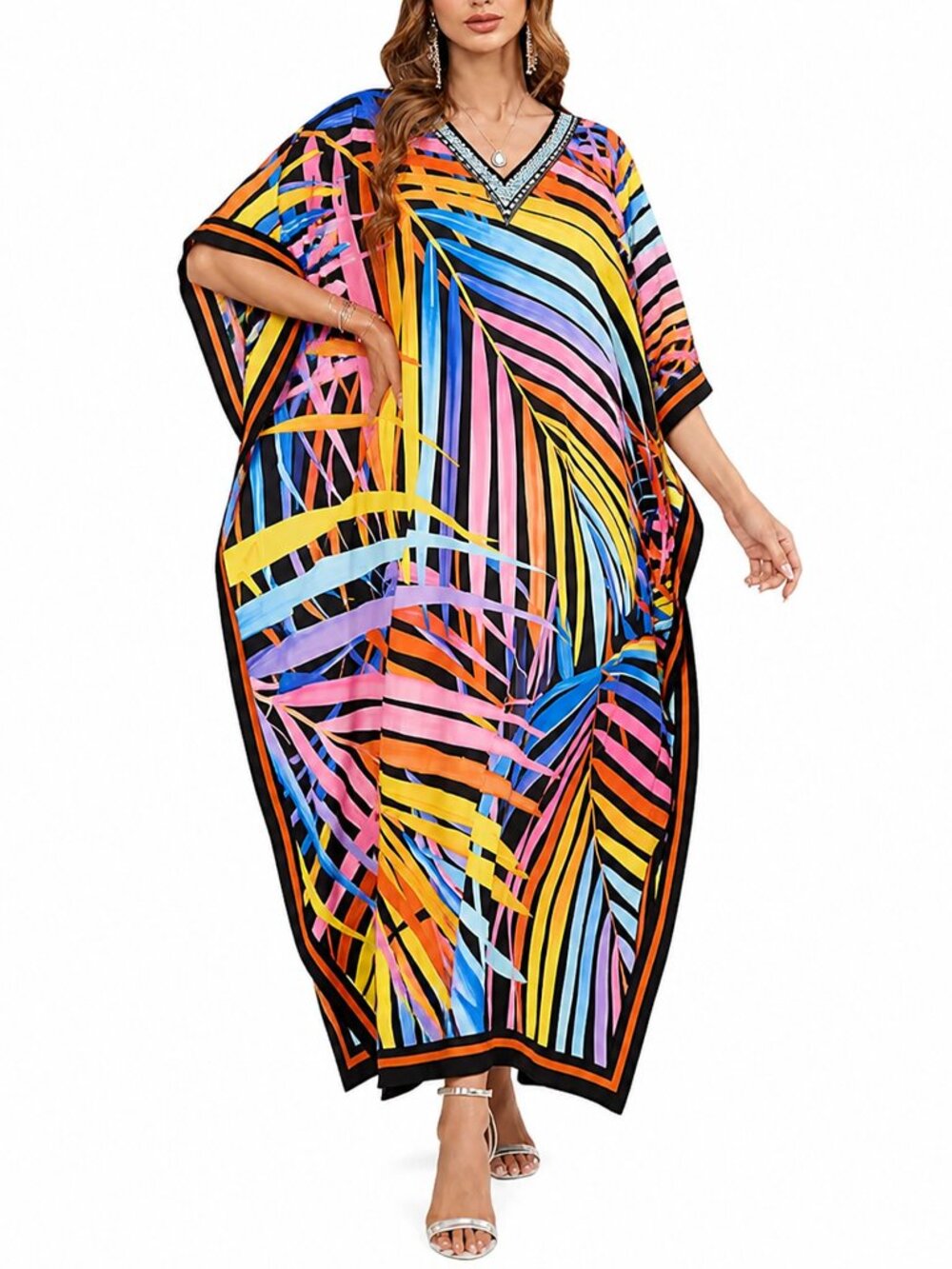 Multicolor Plam Leaf Printed Caftan Dress Loose Cover Up Maxi Dresses for Women